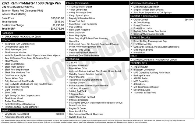 2021 RAM ProMaster Cargo Van Base